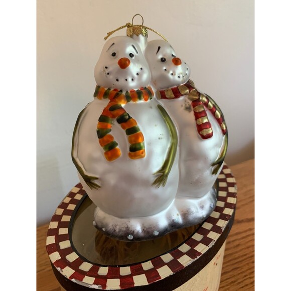 VTG 90s Primitive Snowman Couple Blown Glass Hand Painted Ornament w Box Xmas - Picture 4 of 16